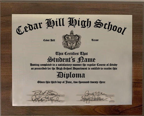 Cedar Hill High School Graduation Diploma Plaque