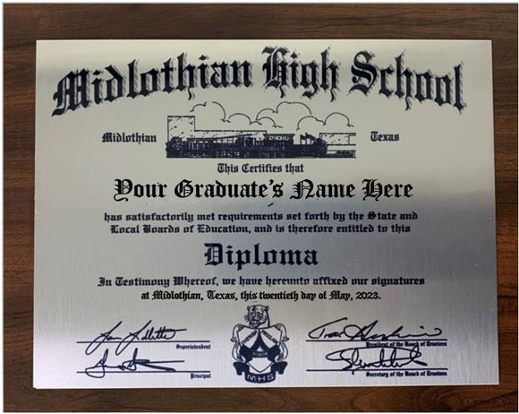 Midlothian High School Graduation Diploma Plaque