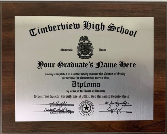 Timberview High School Graduation Diploma Plaque